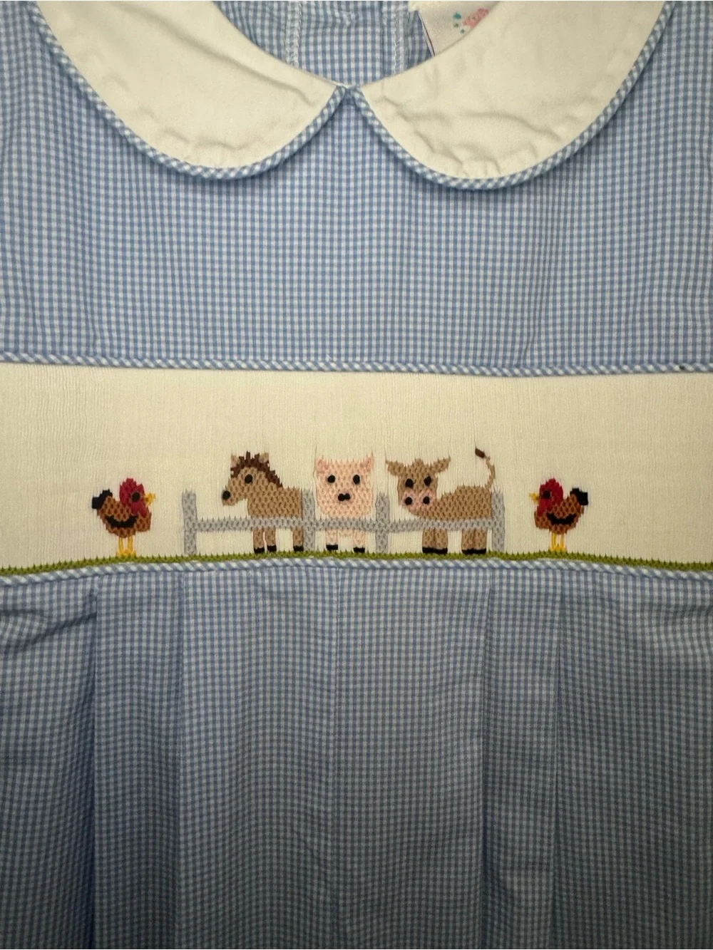 Stitchy Fish Blue Gingham Smocked Farm Animal Longall Romper Boys Size 3T